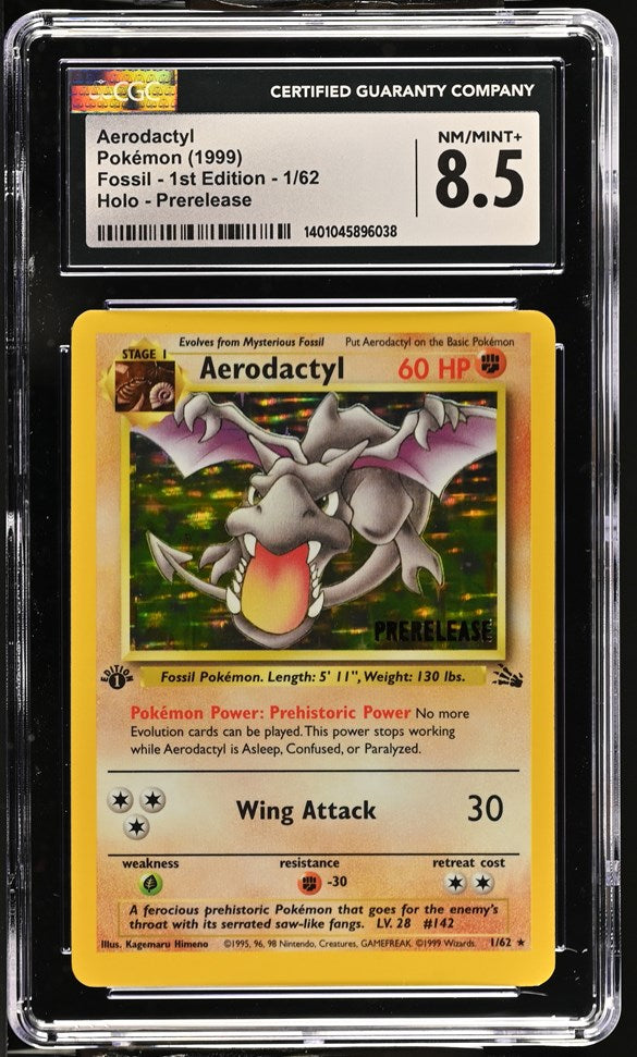 first edition aerodactyl pokemon card CGC 8.5 Aerodactyl 1st Edition Prerelease Holo (Graded Card) – Phurion