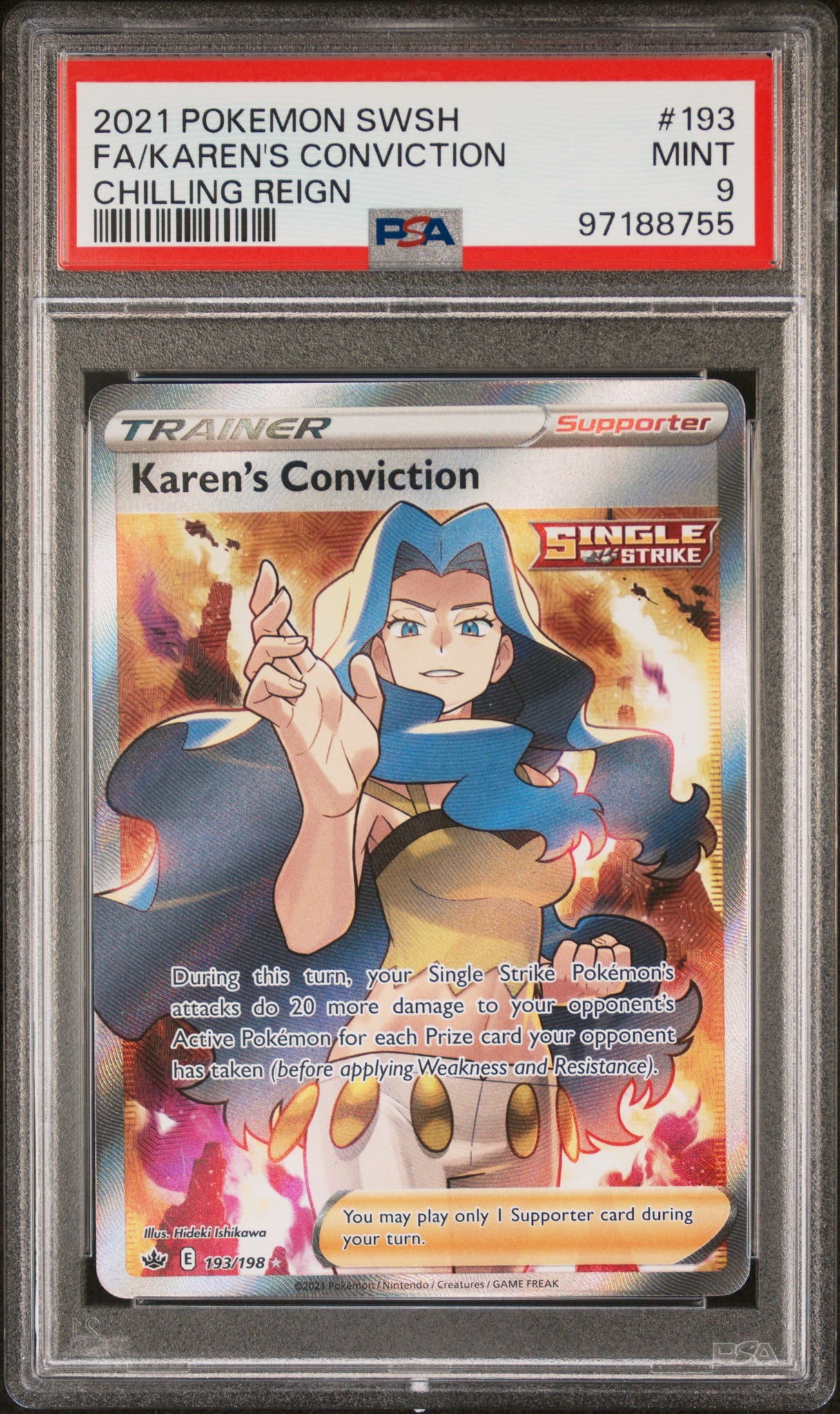 karen pokemon card Karen's Conviction Chilling Reign (CRE) #216 PkmnCards your Single Strike Pokmons attacks do 20 more damage to your opponents Active Pokmon for each Prize card your opponent has taken (before applying Weakness and Resistance) Karen's Conviction - Chilling Reign